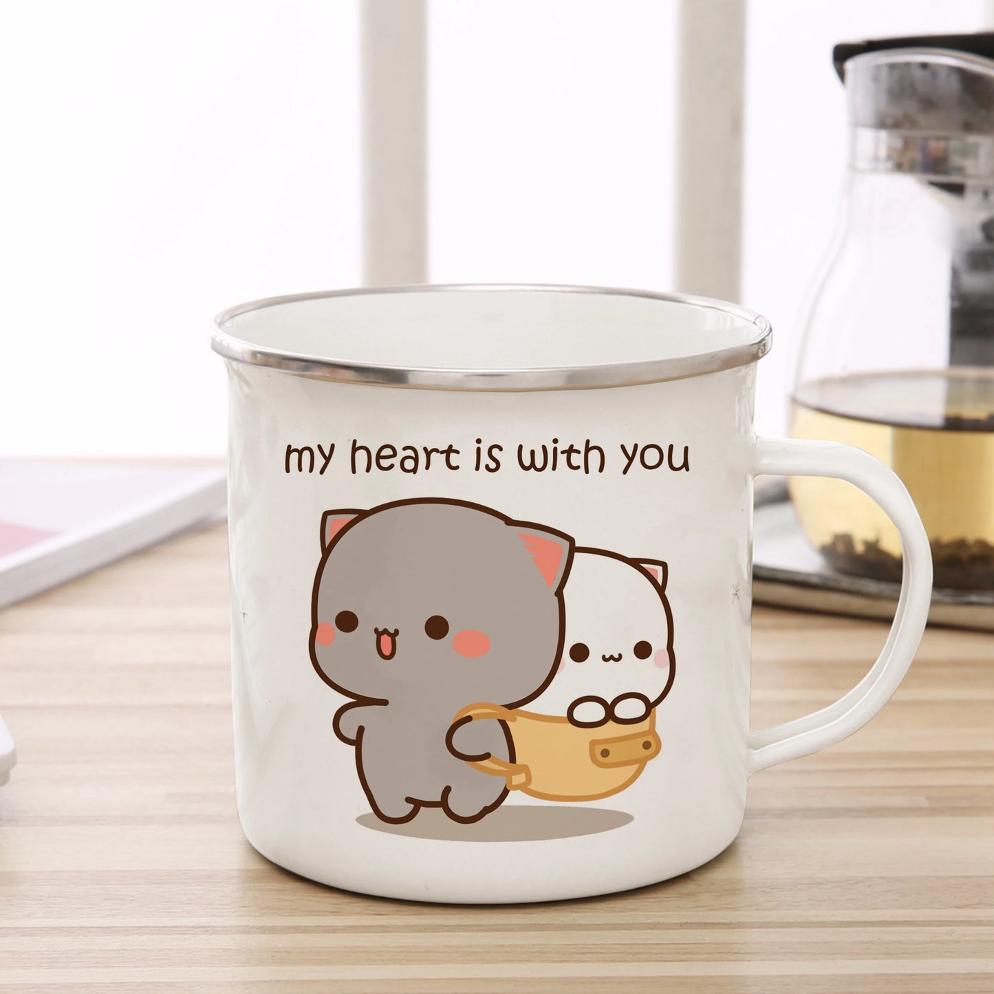 Neue Pfirsich und Goma Katze Emaille Tasse Kaffee Tee