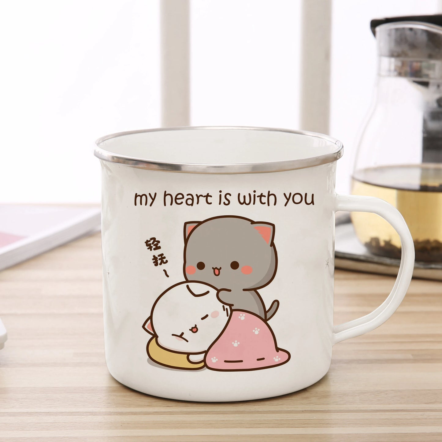 Neue Pfirsich und Goma Katze Emaille Tasse Kaffee Tee