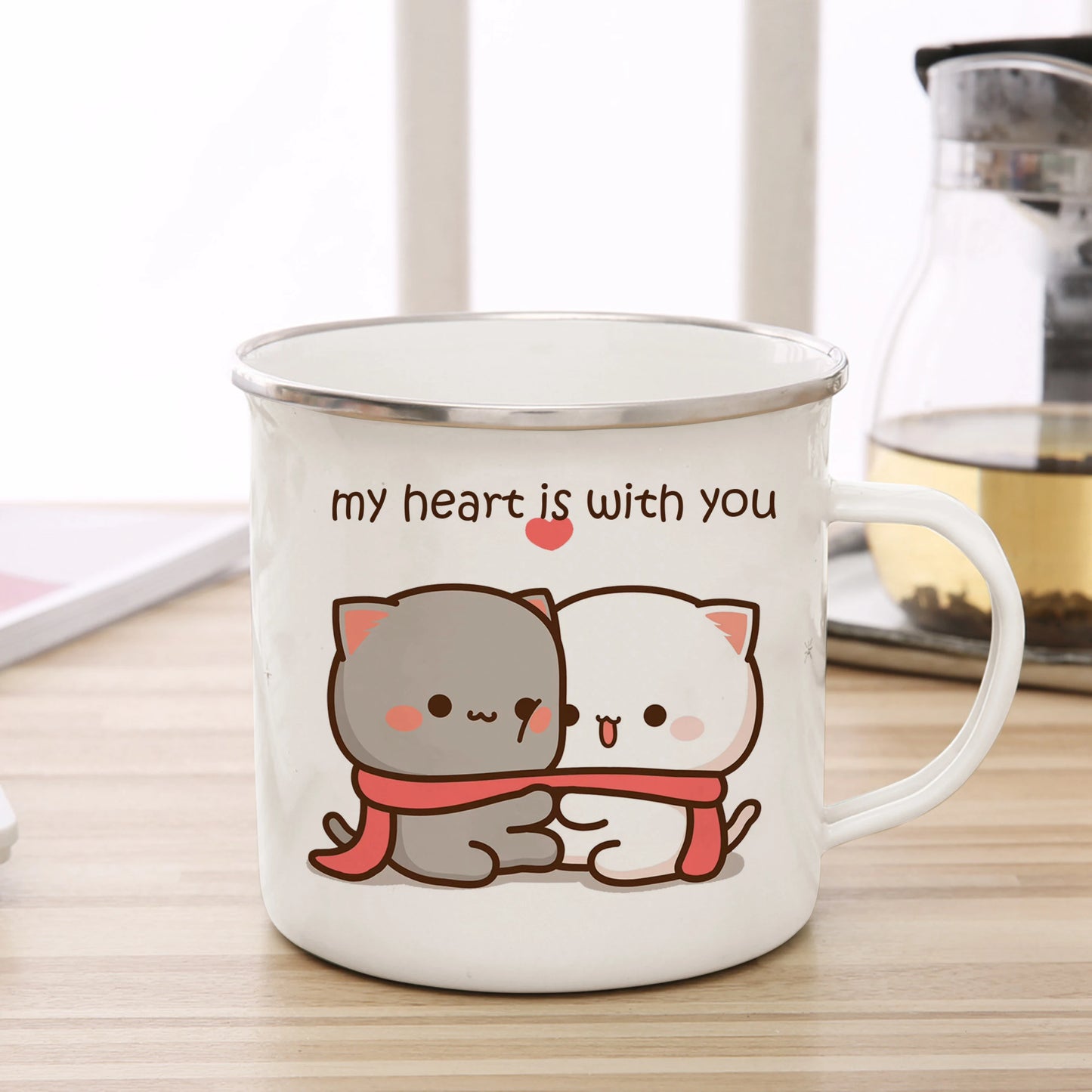 Neue Pfirsich und Goma Katze Emaille Tasse Kaffee Tee