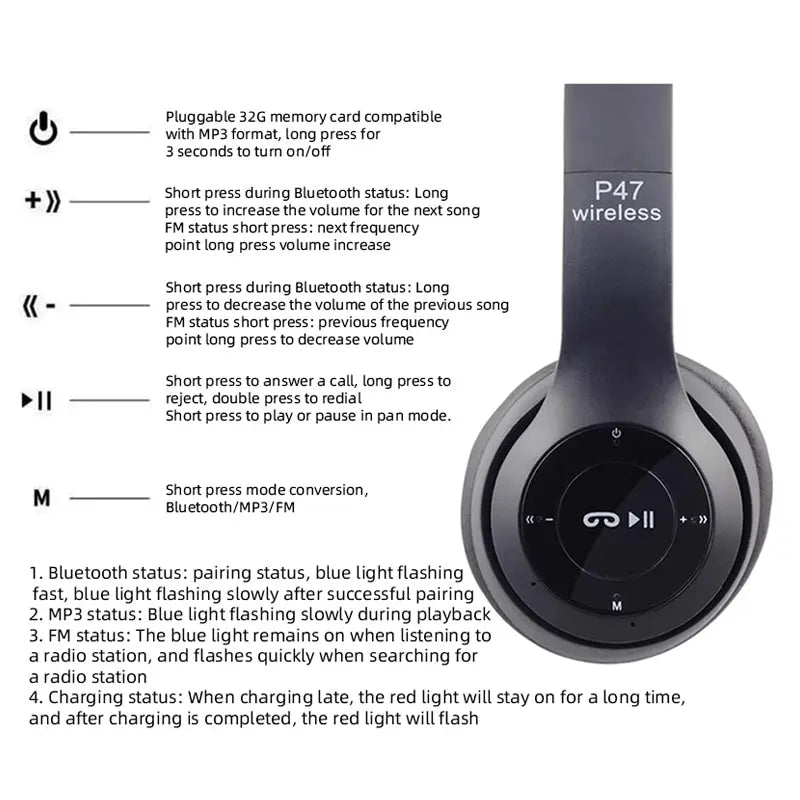 Stereo P47 Headset 5.0 Bluetooth