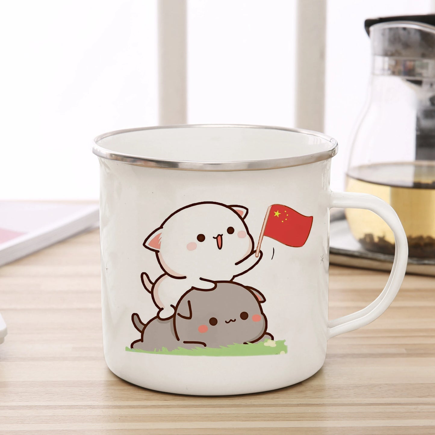 Neue Pfirsich und Goma Katze Emaille Tasse Kaffee Tee