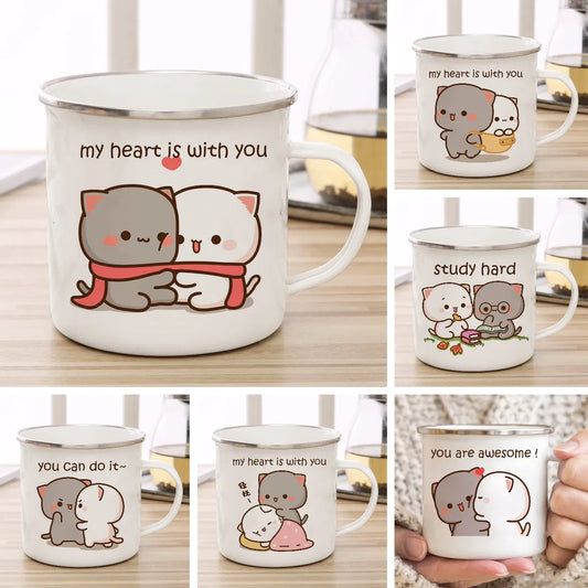 Neue Pfirsich und Goma Katze Emaille Tasse Kaffee Tee